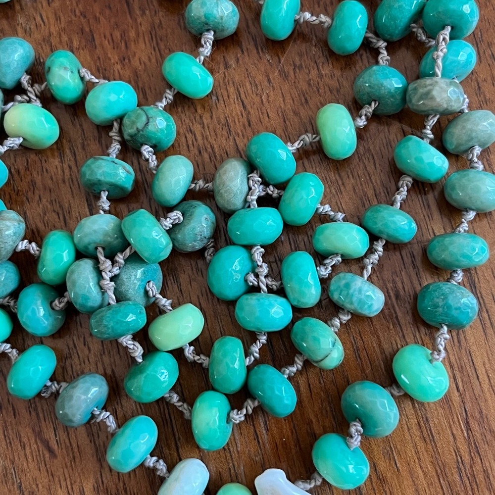Long 46" Hand Knotted Gemstone Rondelle Necklace Carved Mother of Pearl Pendant - Picture 4 of 8